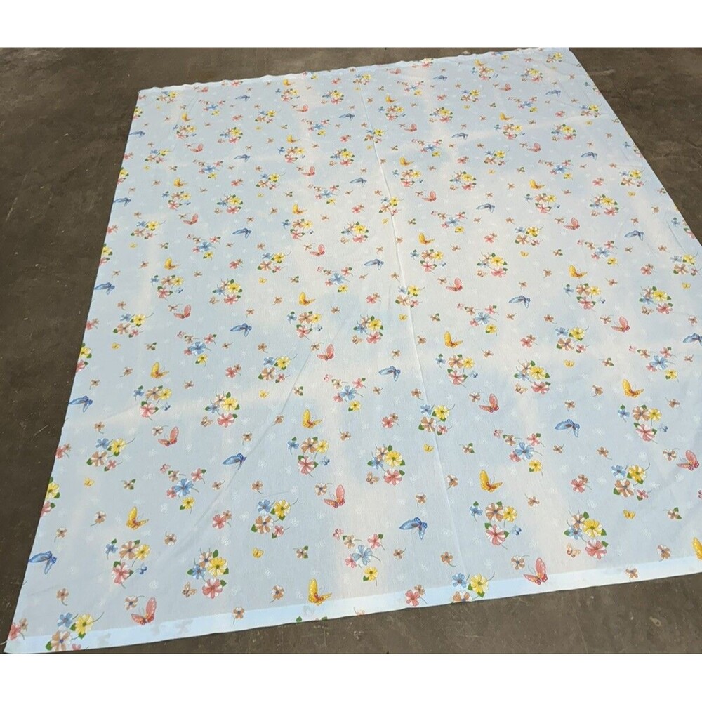 Vintage Thomaston No Iron FULL Flat Sheet Blue with Flowers and Butterflies READ